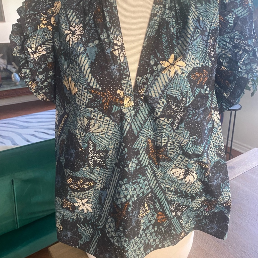 Ulla Johnson Green and Brown Wrap Ruffled Blouse